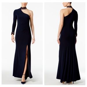 Xscape Navy One-Shoulder Gown